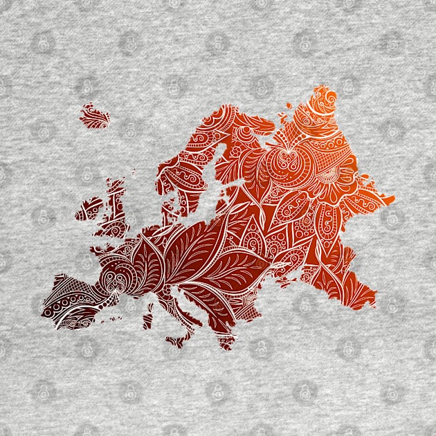 Colorful mandala art map of Europe with text in brown and orange by Happy Citizen